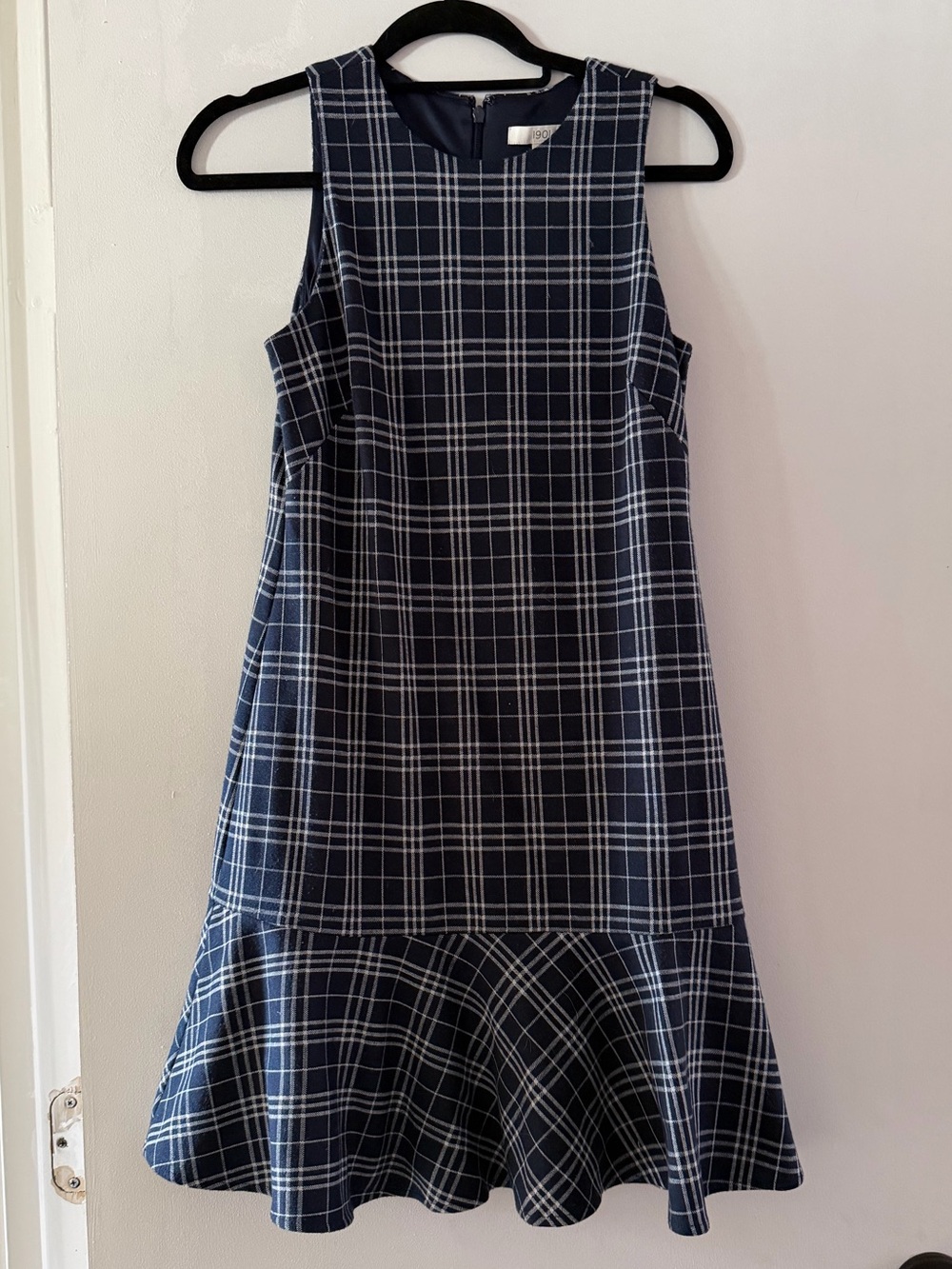1901 Navy Plaid Sleeveless Flared-Hem Dress